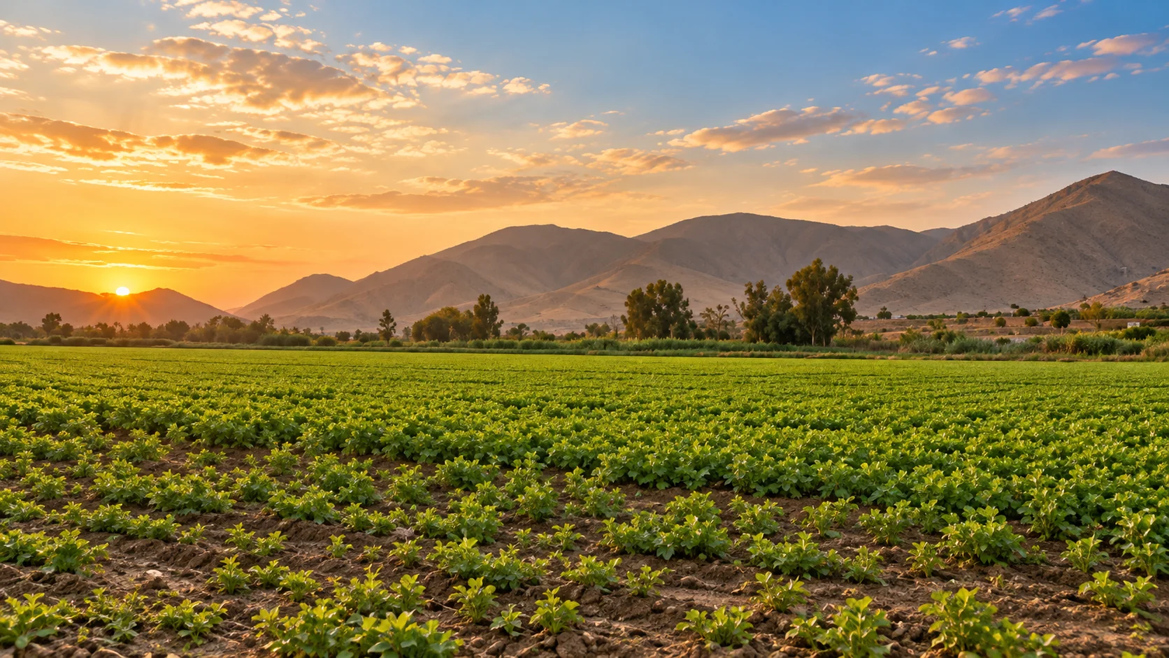 Luz dorada del atardecer iluminando los cerros y campos de Cañete
