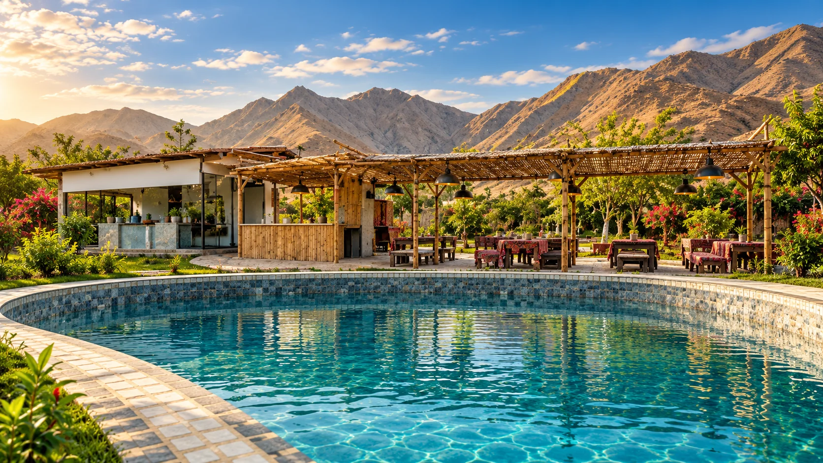 Piscina al aire libre y terraza de sol de Villa Marvalle con vista al valle de Cerro Azul