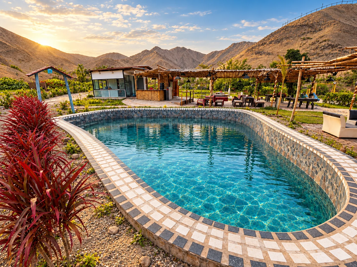 Piscina de Villa Marvalle con solárium de piedra y reposeras